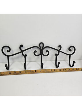 Vintage Black Wrought Iron Wall Hook Rack 5 Hooks Scroll Coat Hat Key Towel 16in